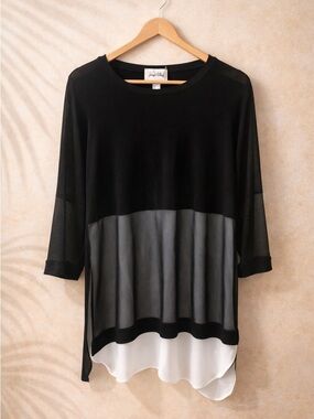 Joseph Ribkoff Black Layered Sheer Tunic with White Hem